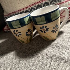 Floral Stoneware Mugs -Green and Yellow